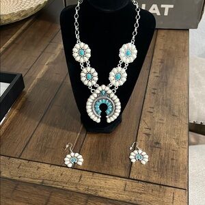 Blue and Silver Necklace and earrings with Turquoise and white buffalo Accents